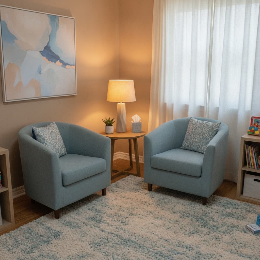 Two soft blue armchairs beside a lamp in a warm counseling room